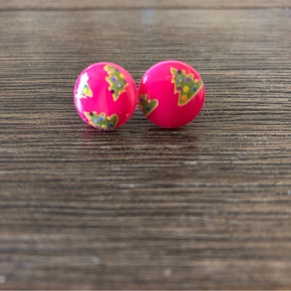 Pink Christmas tree Button post earrings